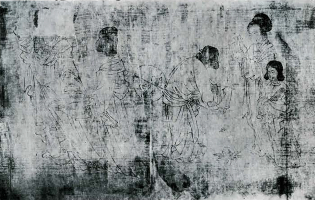 Segment of a scroll painting showing women and children catching butterflies and carrying water