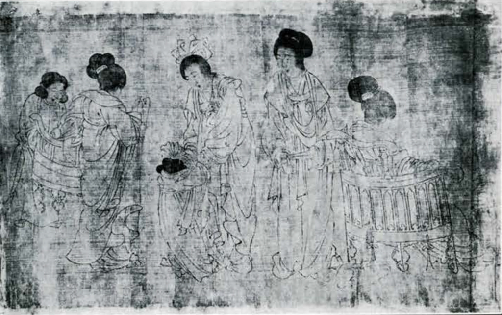 Segment of a scroll painting showing a group of ladies gathered, one woman seated in a chair