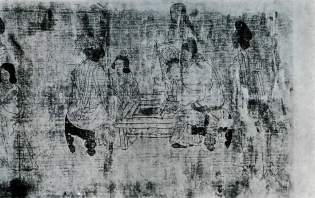 Segment of a scroll painting showing several people seated around a low square table