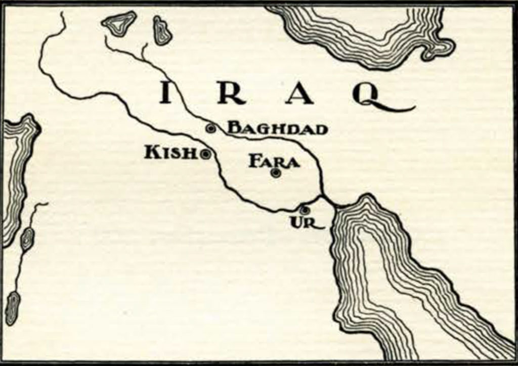 Drawn map showing the locations of Baghdad, Kish, Fara, and Ur in Iraq