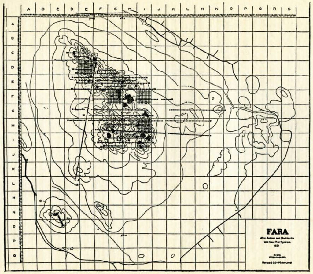 Drawing of a topographical map showing Fara, divided into squares