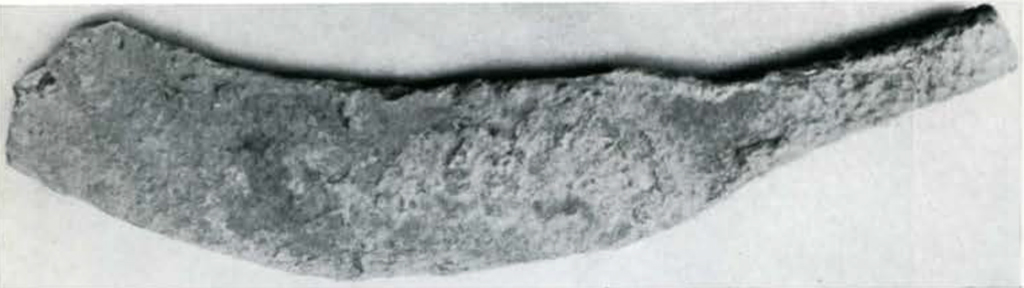 A curved flat blade that has oxidized