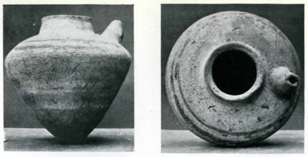 Top and side view of a conical pitcher with a narrow spout on one side