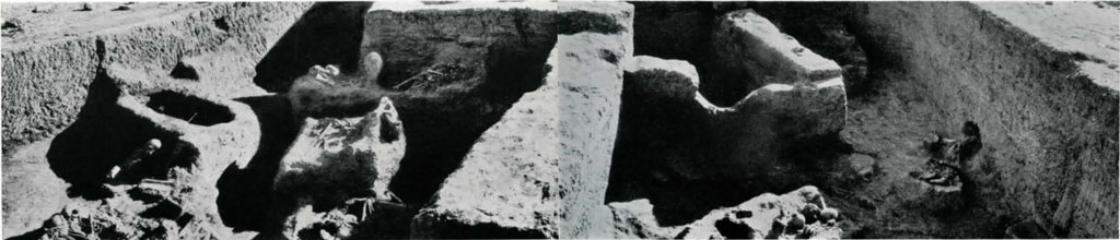 Panorama of excavated house remains and burial