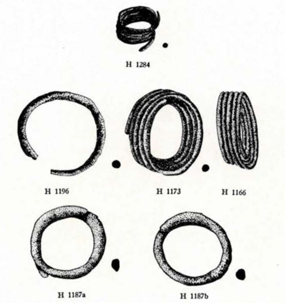 Six drawing of copper bracelets, all coils of different numbers of turns