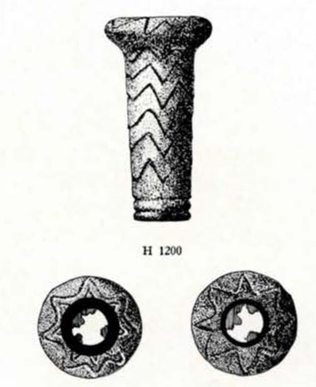 Side, top, and bottom view drawings of a mace head
