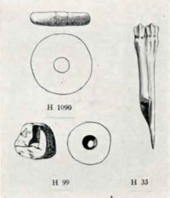 Top and profile views of two circular objects and a bone awl, drawn