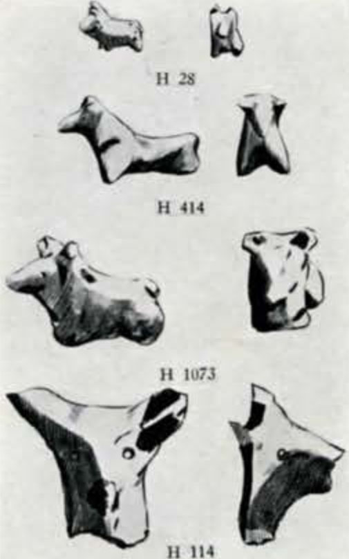 front and profile views of four small animal figurines, drawn