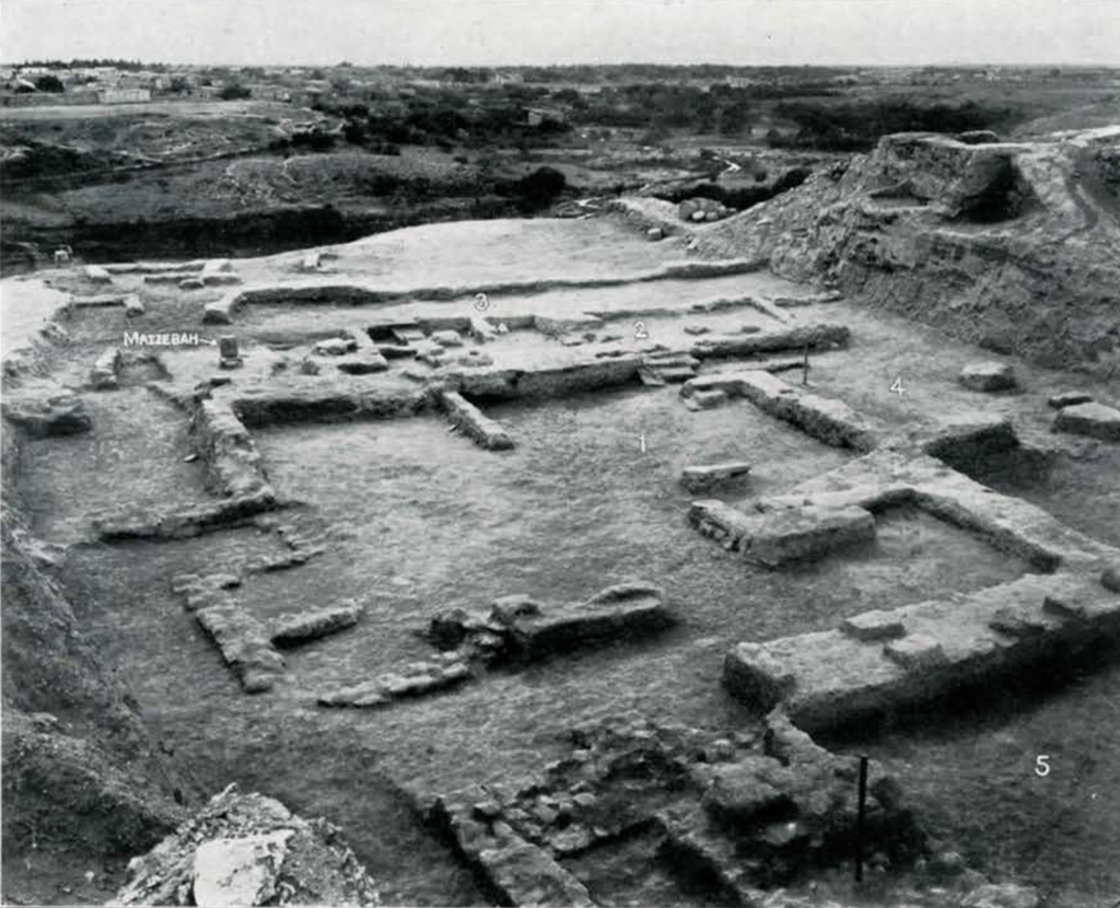 View of an excavated temple with labelled areas