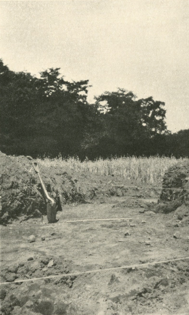 A marked off section of dirt with string or rope, a shovel planted