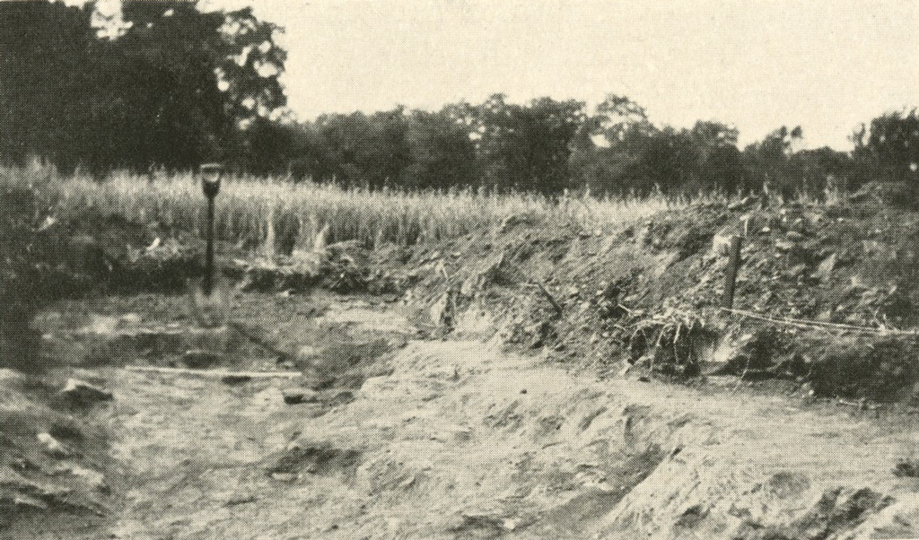 A long shallow pit, field growth around, a shovel planted in the dirt