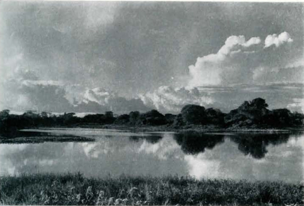 View of a lake reflecting the sky which is filled with clouds