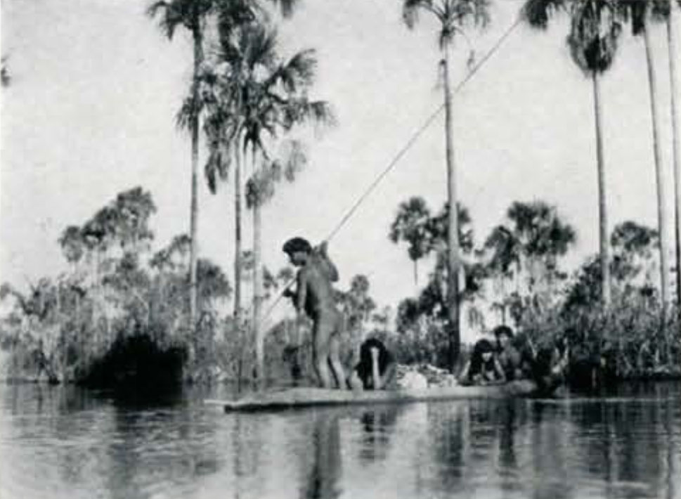 A man standing on a boat in the river, a long spear pointed at the water