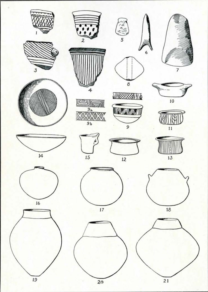 Drawings of patterns painted on potsherds and outlines of pots or jars