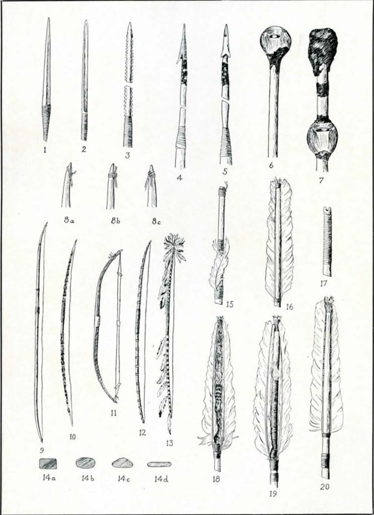 Drawings of different types of arrow and spear tips and fletchings, and bows