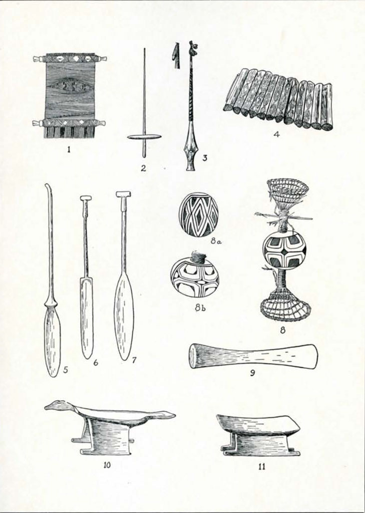 Drawings of various objects including paddles and beads