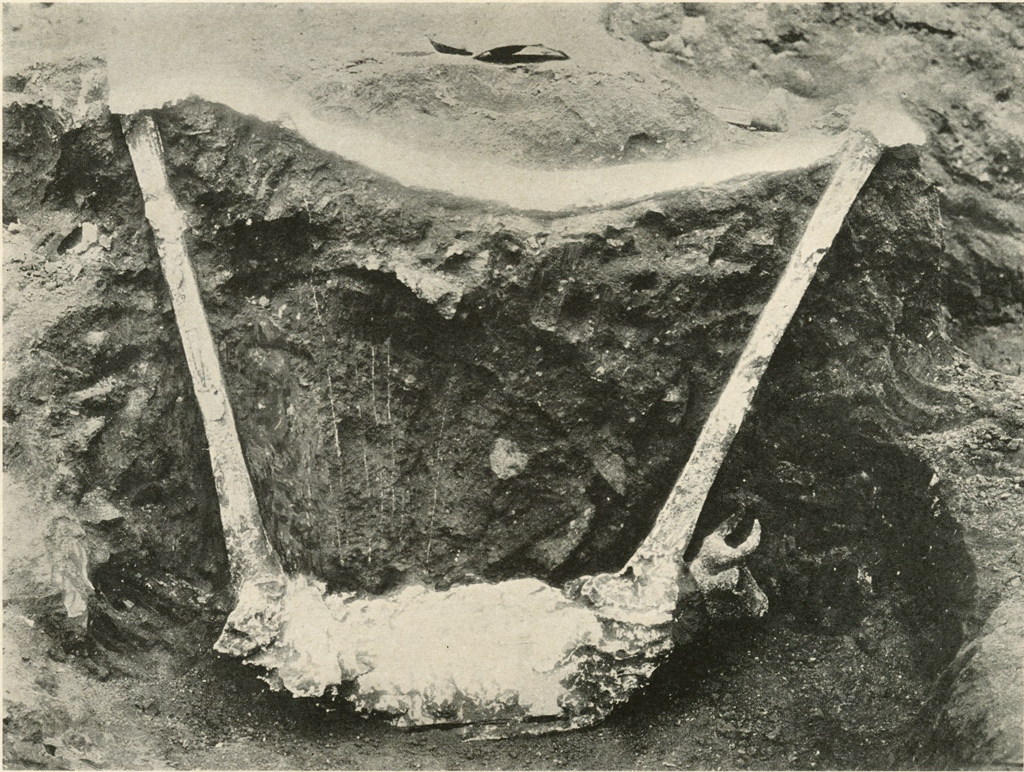 A harp covered in plaster, in the dirt