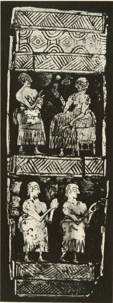 Inlay below a harp, two registers, top is two seated figures, bottom two standing figures