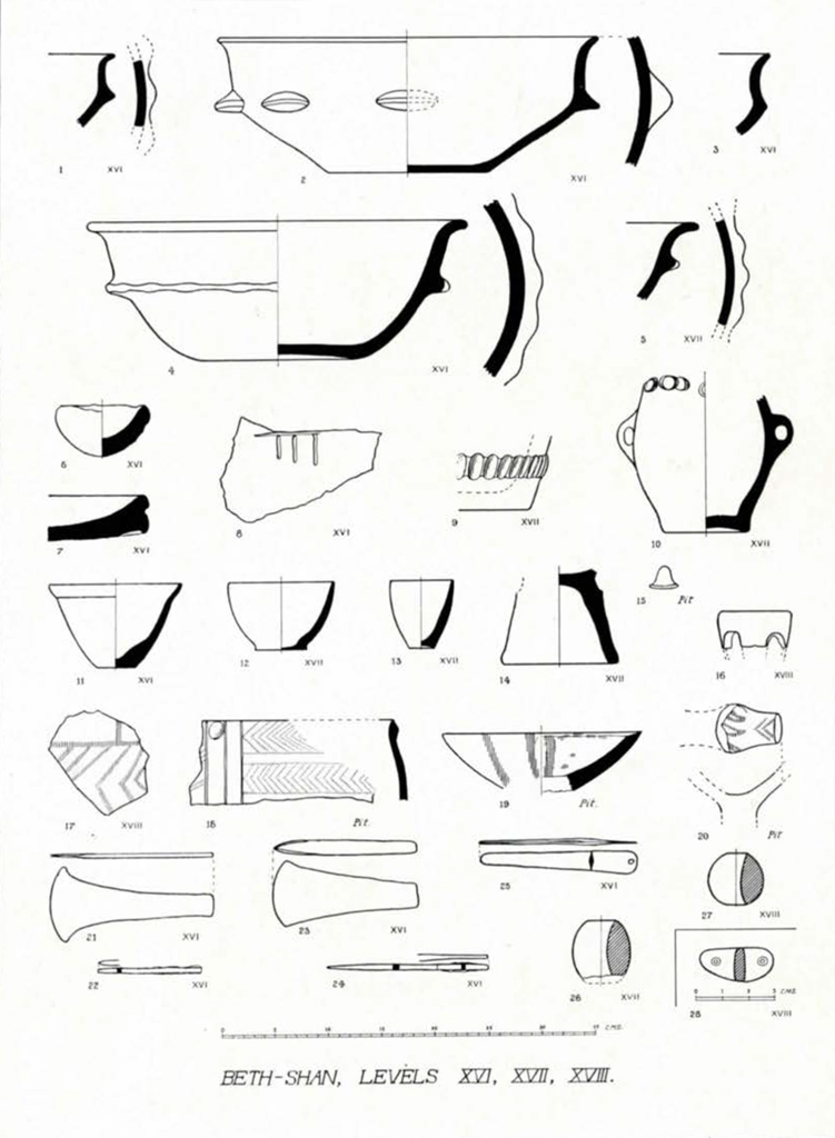 Drawn cross section diagram of pottery bodies and bowls from levels xvi-xviii
