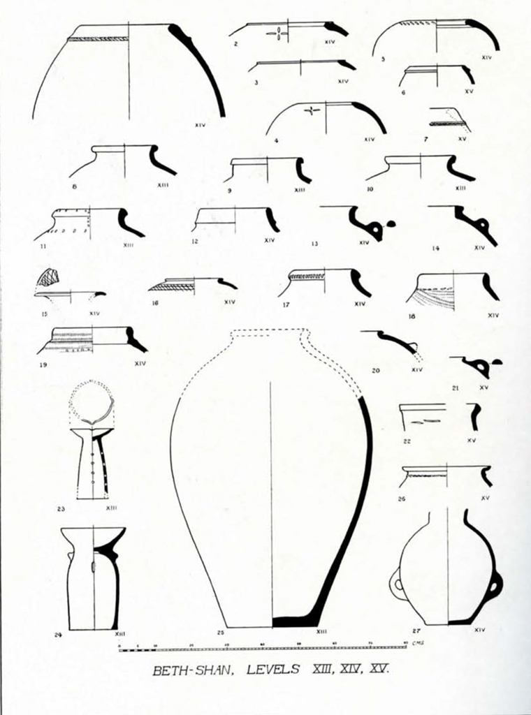 Drawn cross section diagram of pottery bodies necks from levels xiii-xv