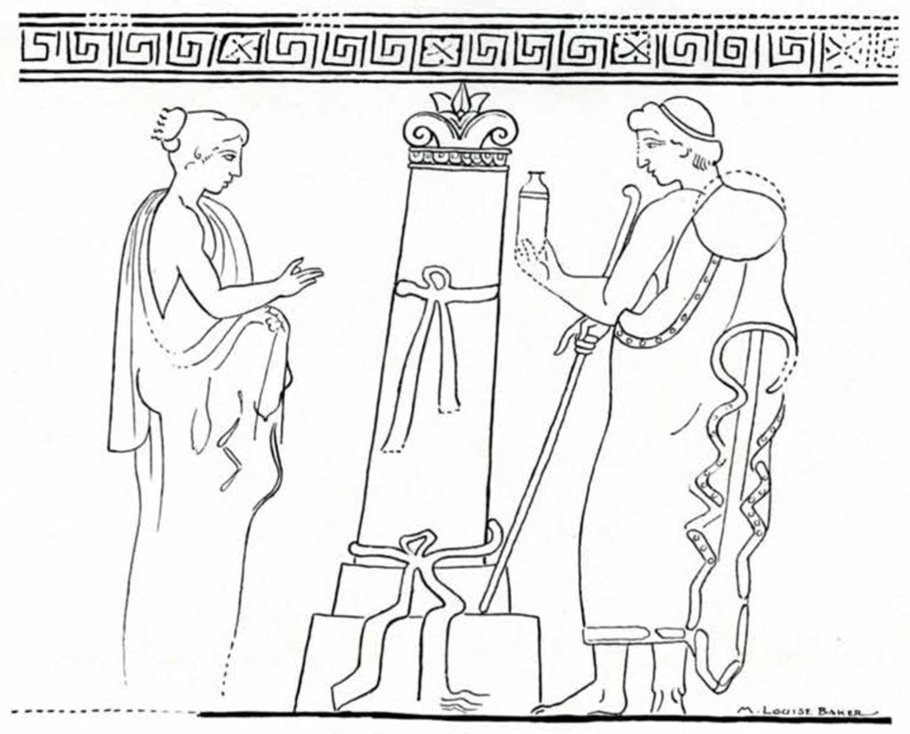 Drawing of design on a vase showing two people standing on either side of a stele
