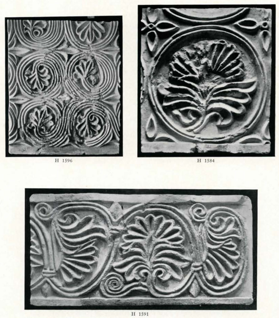 Segments of three friezes with repeated natural motifs