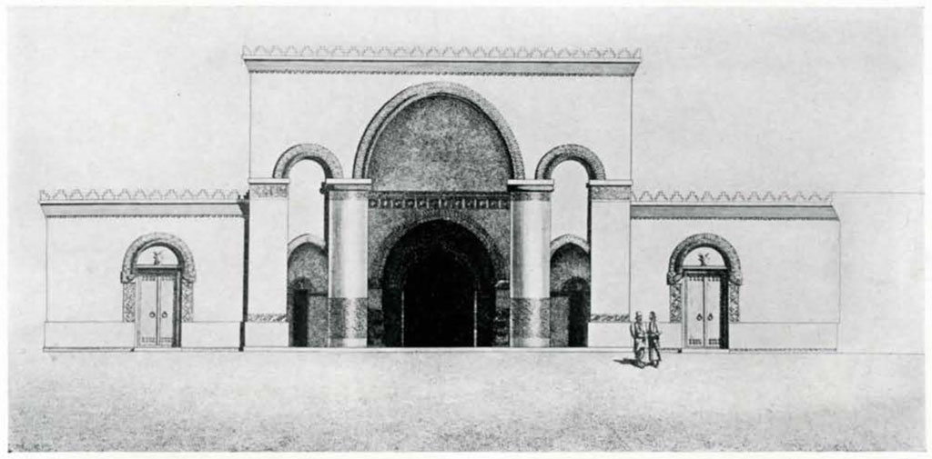 Drawing of a restoration showing arched entryway