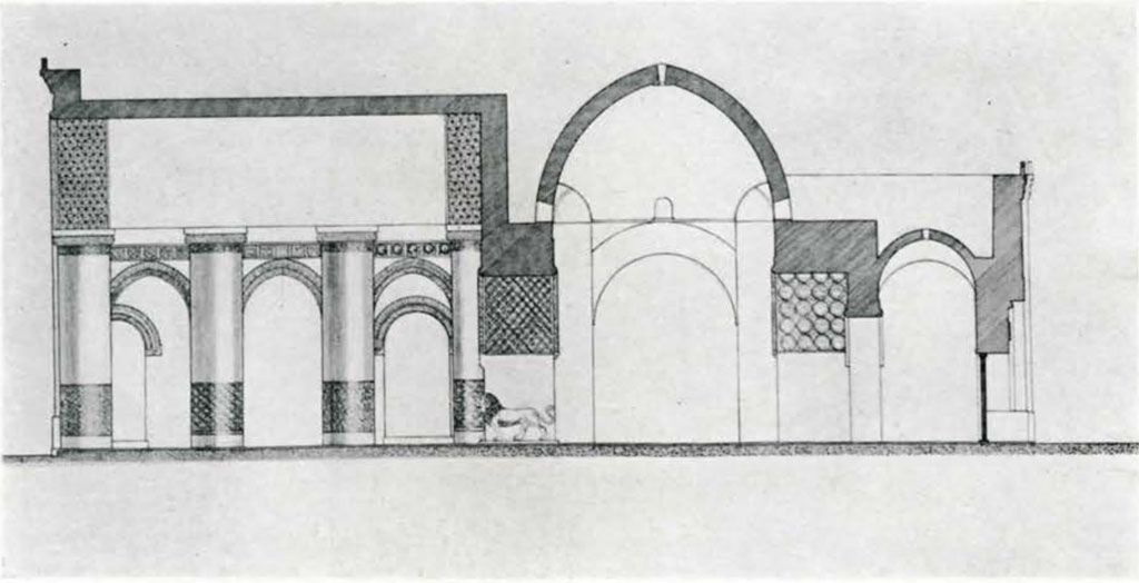 Drawing of a restoration showing arched hallway