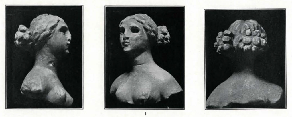 Front, side, and back views of a female bust with two hair buns on the back of her head