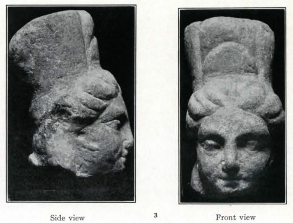 Front and side views of a head of a woman with a tall headdress