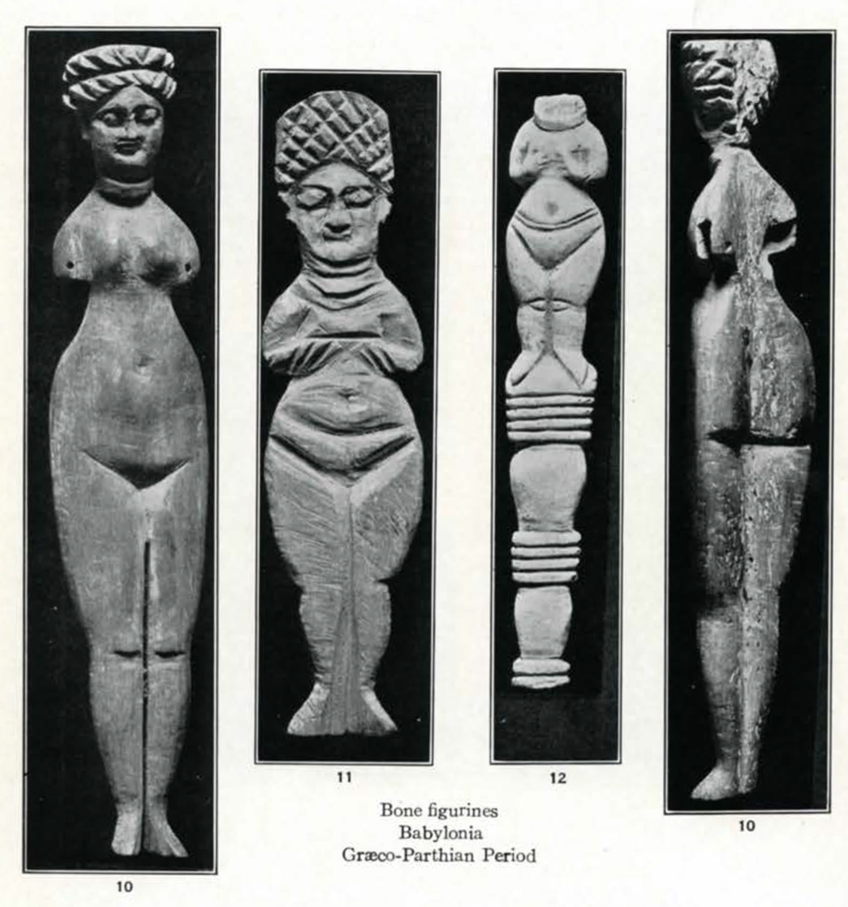 Three tall, thin figures of nude women