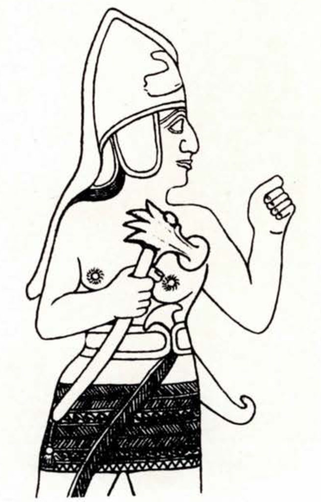 Drawing of a Hittite holding an axe with a conical helmet