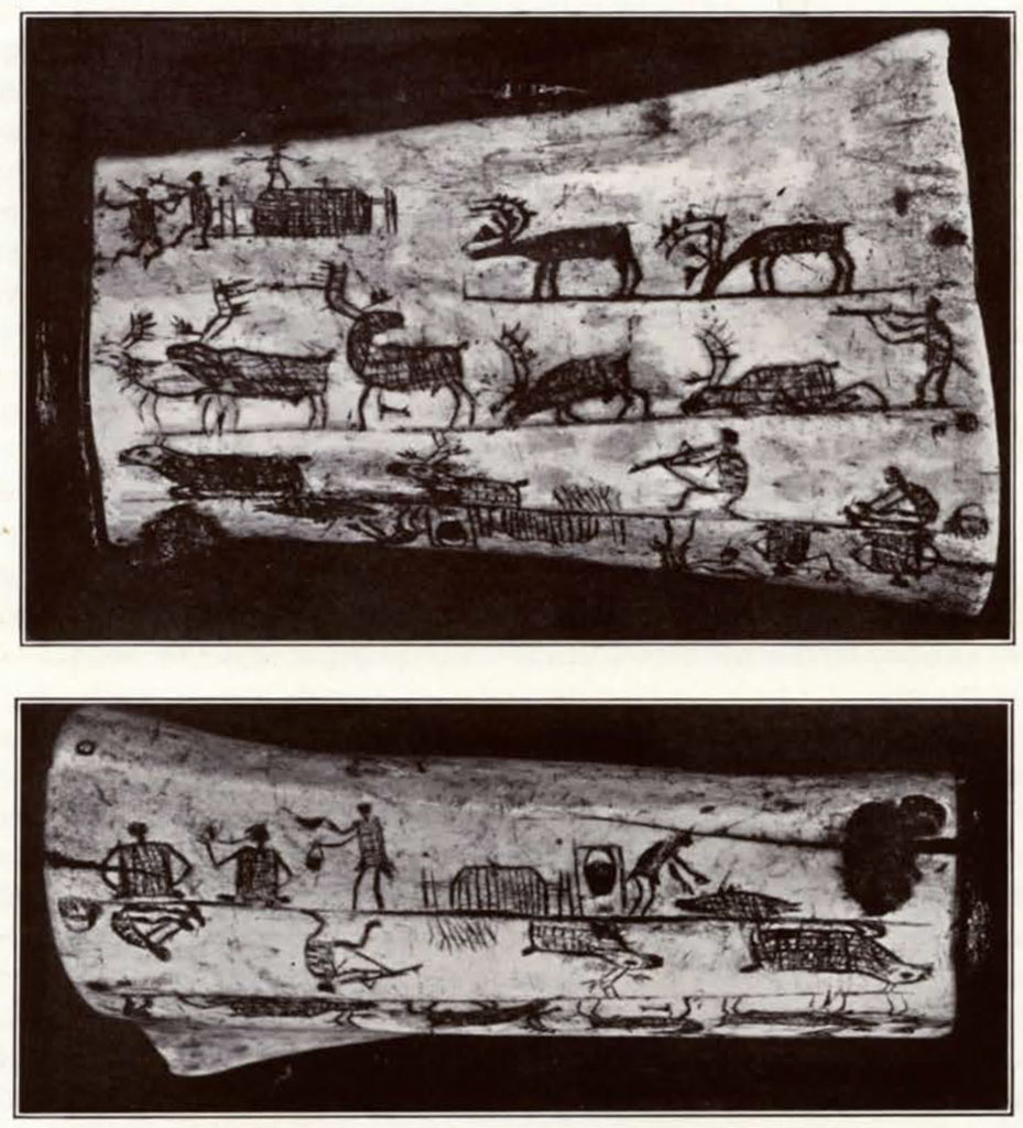 Views of an antler box showing animals and daily life