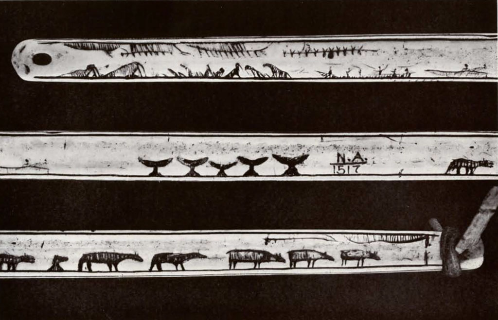 Several views of one side of a bowdrill showing hunting and groups of animals