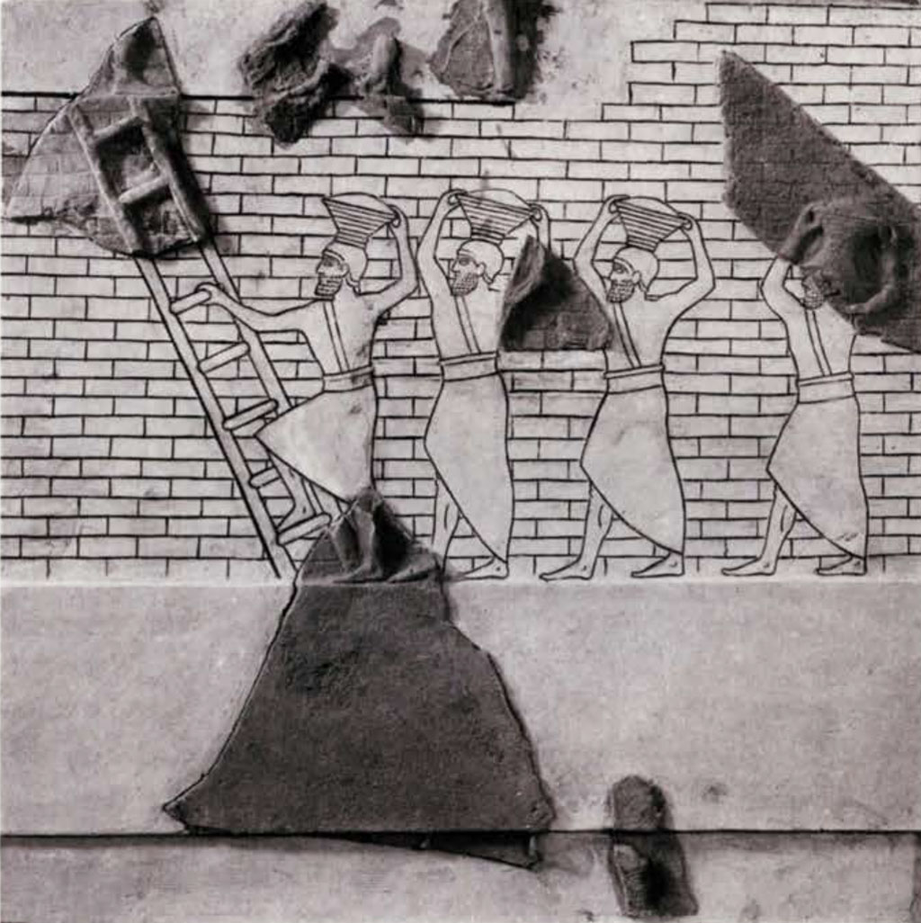 Drawing of a part of stela with fragments added in showing four figures carrying baskets on their head and climbing a ladder