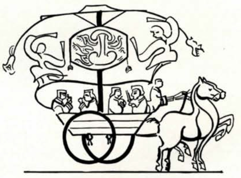 Drawing of musicians playing in a chariot pulled by a horse