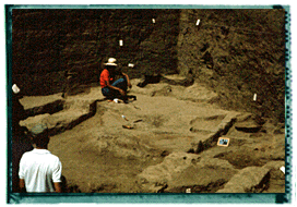 Mary Voigt (white hat) excavates the "kitchen" of the Hajji Firuz Neolithic house