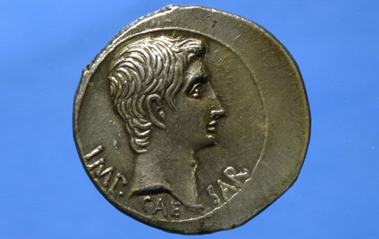 A tetradrachm from the Augustus period with Imp Caesar inscription.